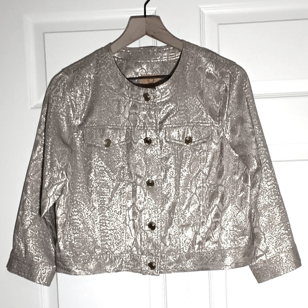 Ruby Rd Womens Metallic Snake Print Button Front Cropped Jacket Gold Size 8 Glam